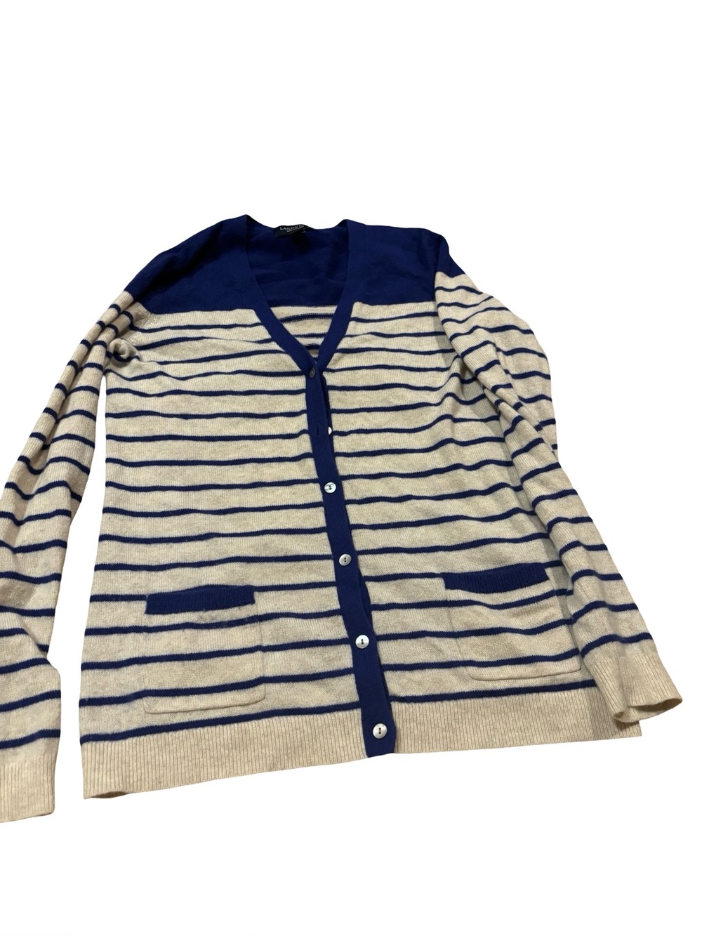 Preppy Cardigan - Cashmere sweater - marine blue and white stripe cardigan small